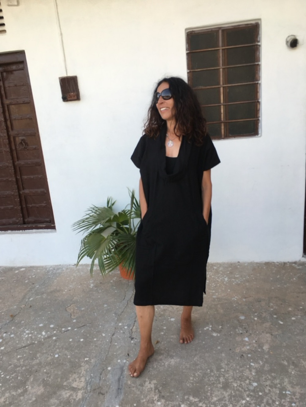Black Short-Sleeve Cowl Neck Women's Dress